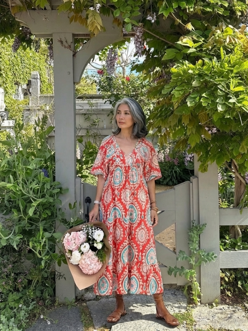 Zaria | Midi-jurk met paisleyprint en V-hals met korte mouwen
