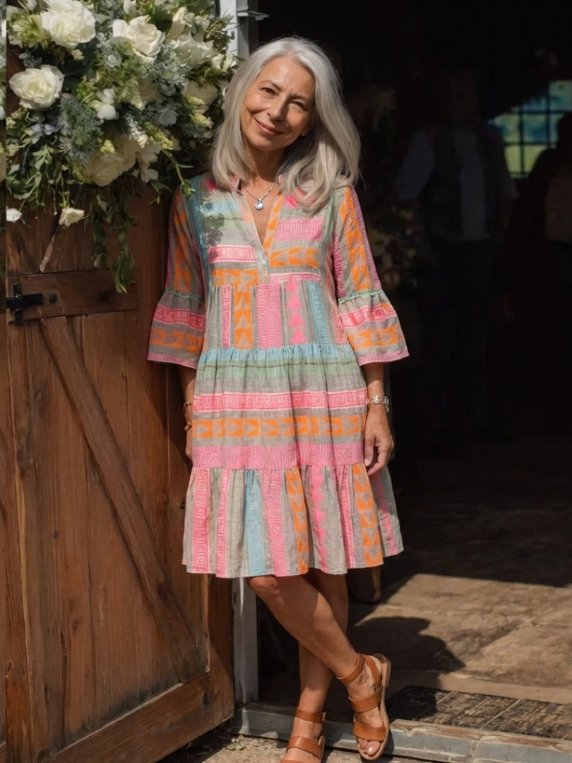 Maelle | Jurk met V-hals en geometrische print, knielengte