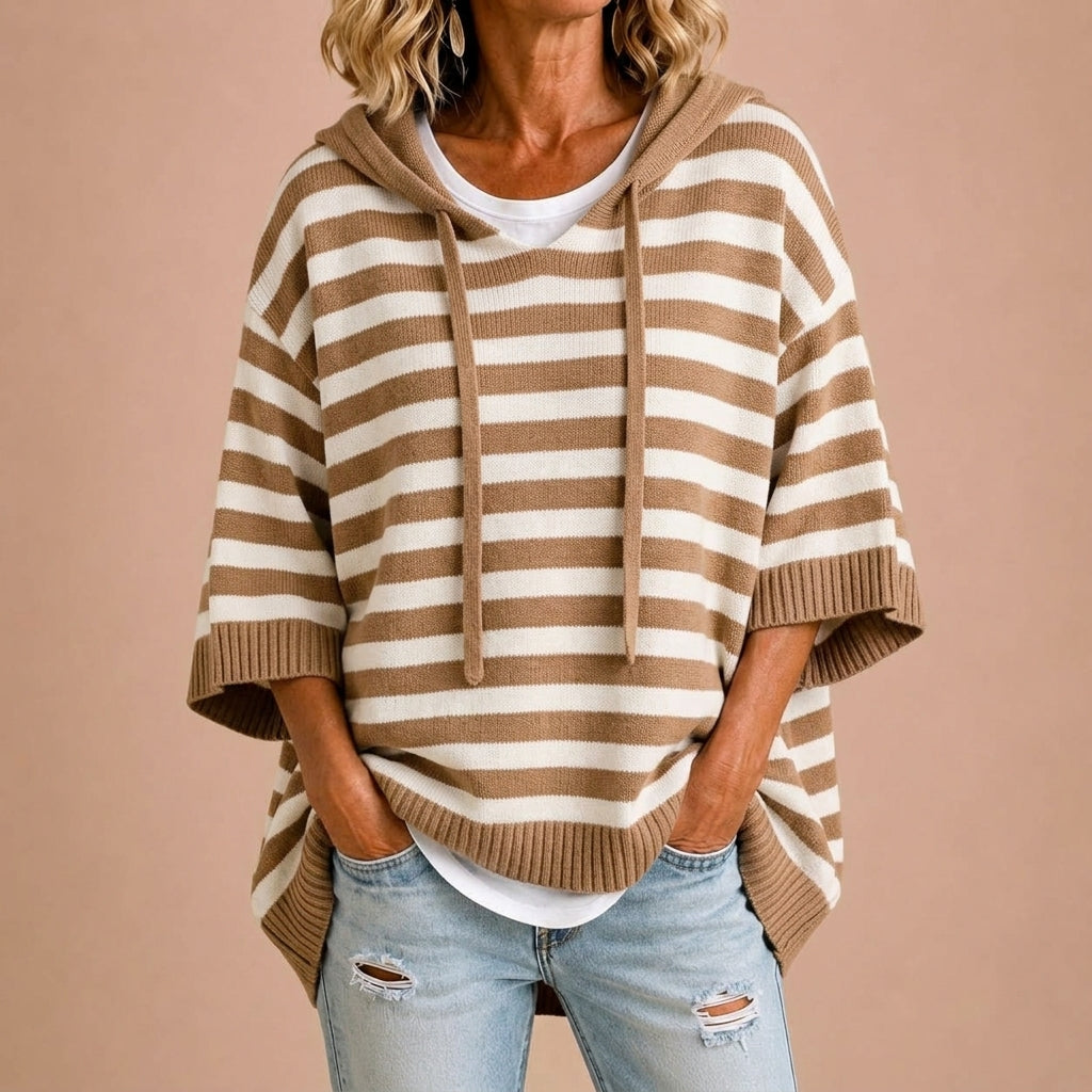 Meta | Gestreepte gebreide poncho met capuchon