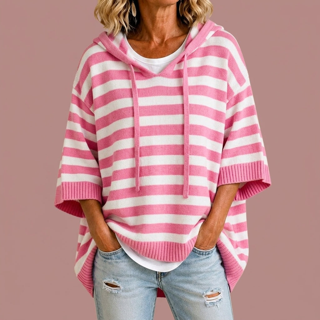 Meta | Gestreepte gebreide poncho met capuchon