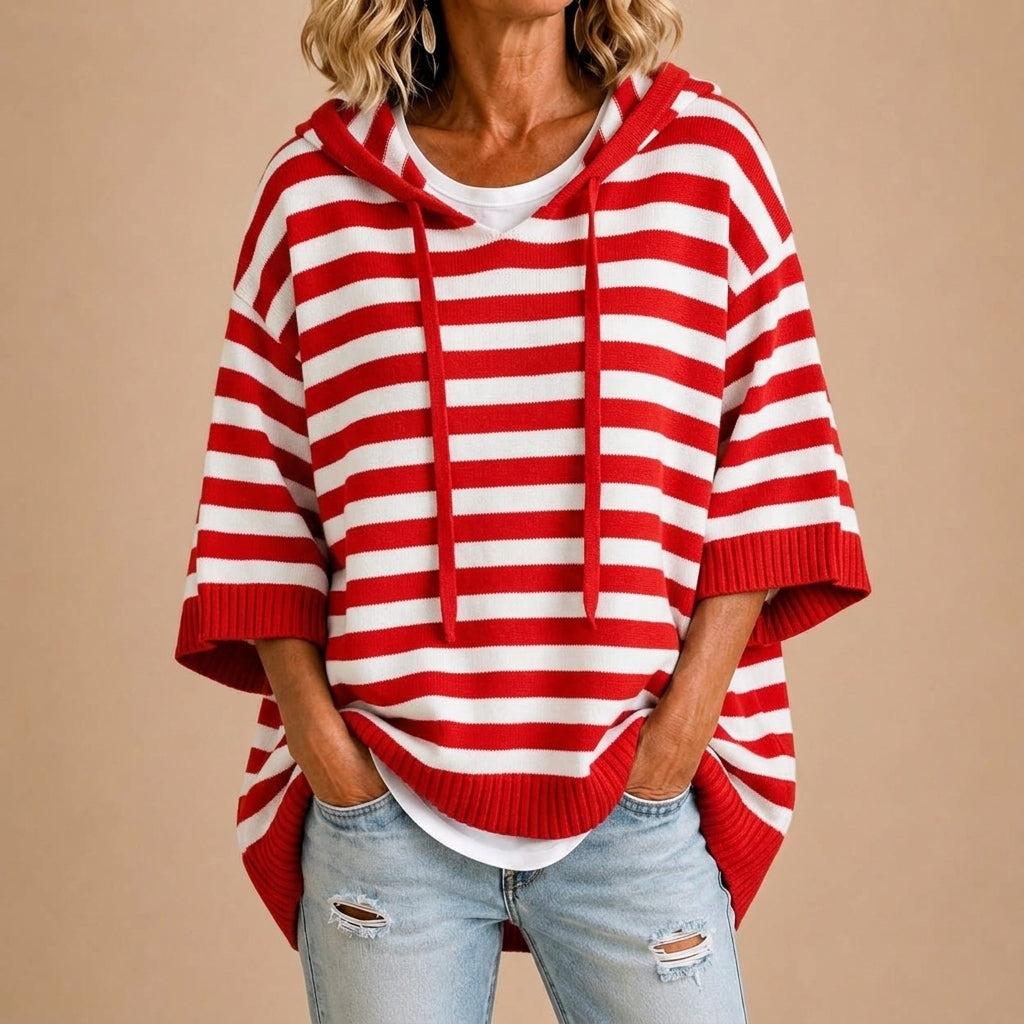 Meta | Gestreepte gebreide poncho met capuchon