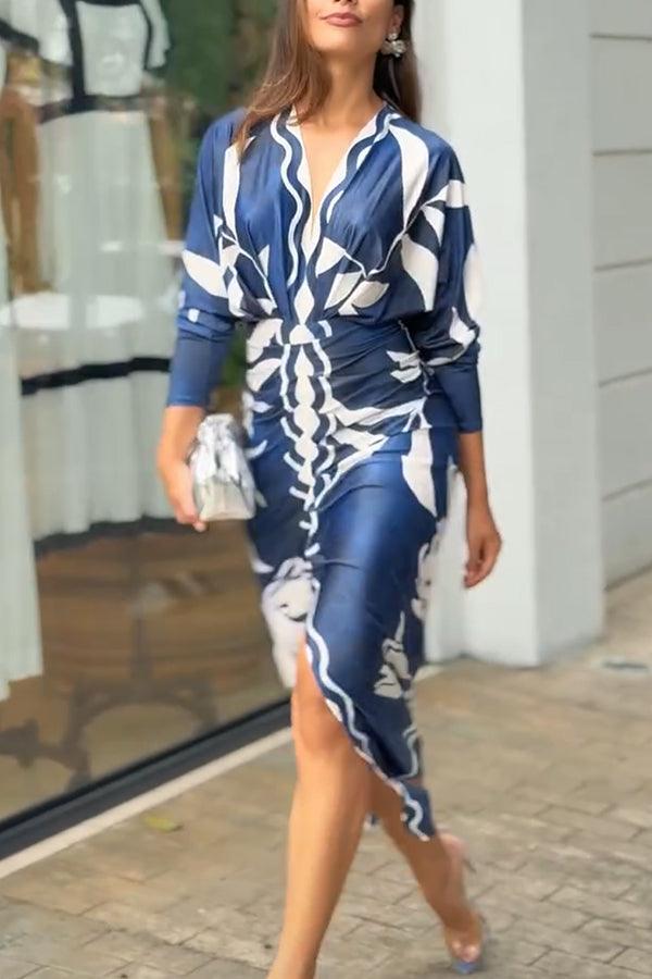 Unieke Print Dolman Lange Mouwen Rimpel Split Midi Jurk