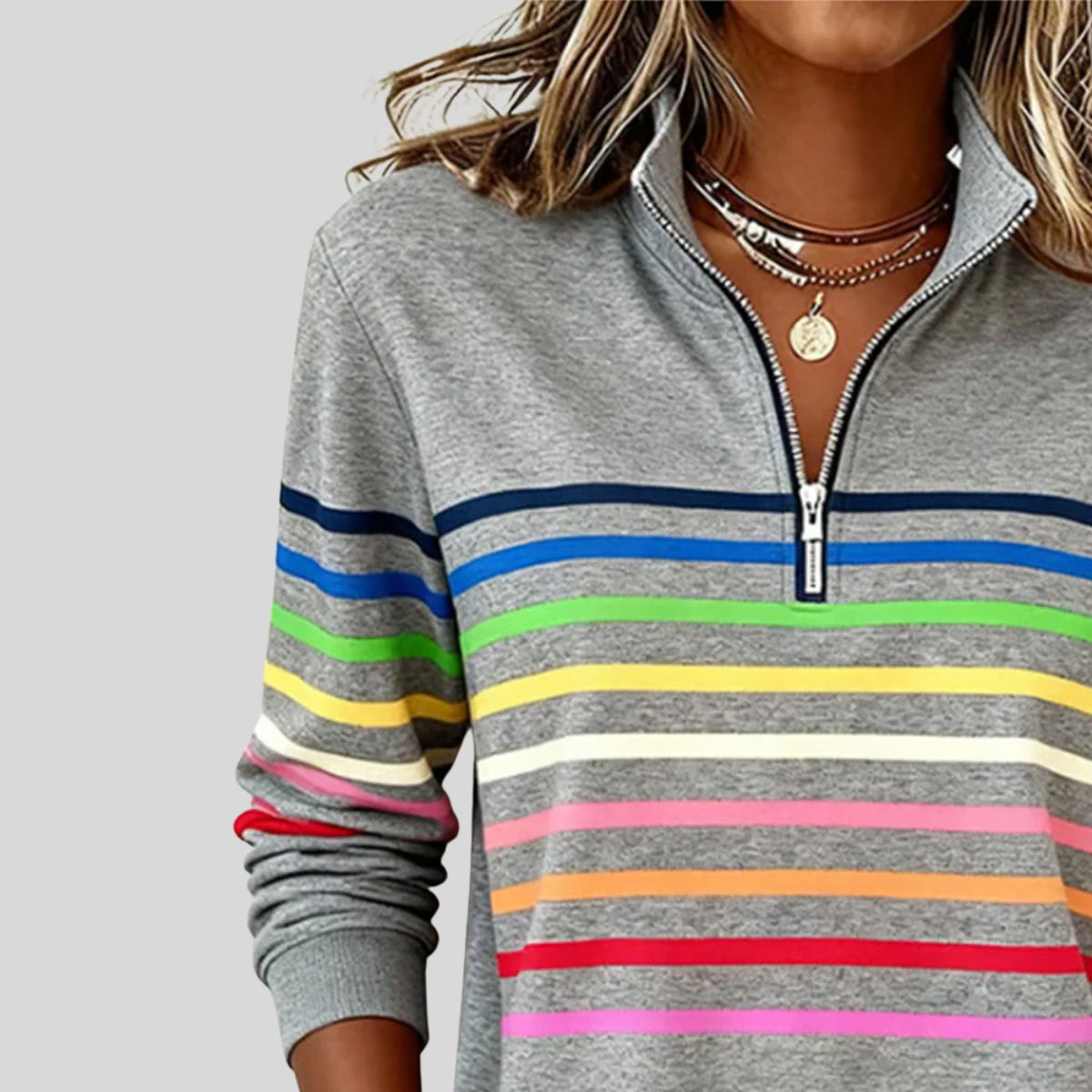 Prismette™ | Kleurrijke Gestreepte Halve Rits Sweatshirt