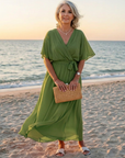 Elysia | Midi jurk met draping, V-hals en tailleband