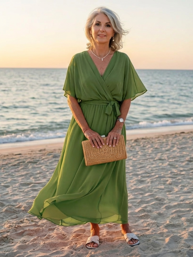 Elysia | Midi jurk met draping, V-hals en tailleband