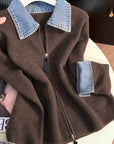 Hella | Gebreid Vest met Denim Kraag & Rits