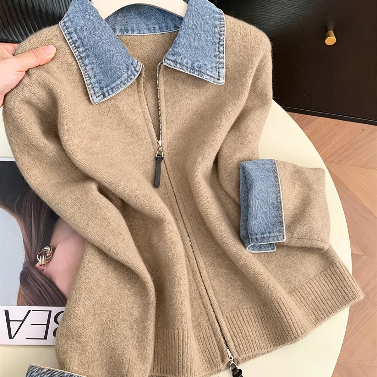 Hella | Gebreid Vest met Denim Kraag &amp; Rits