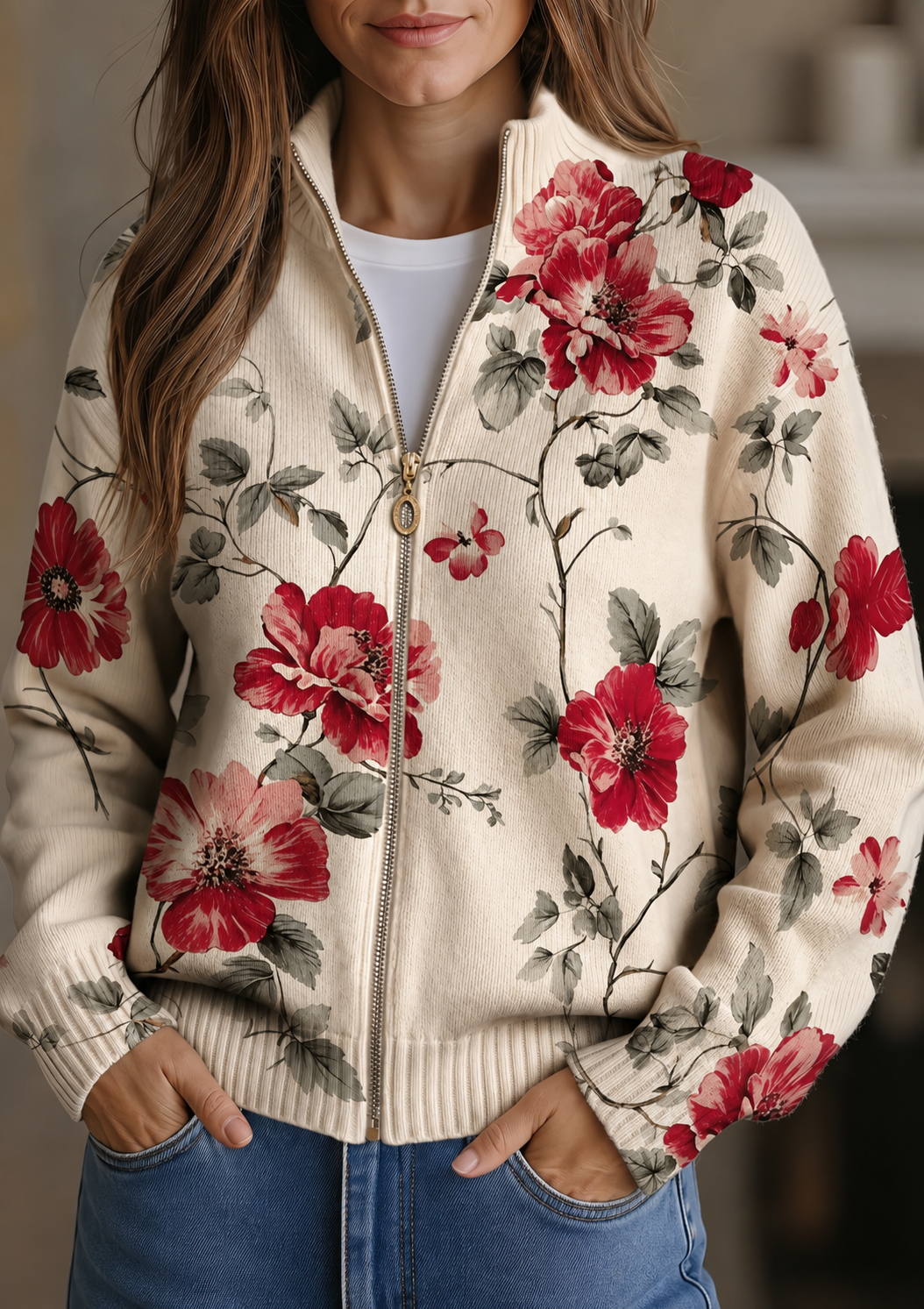 Wilhelmine™ | Vintage Rozenprint Zip Cardigan