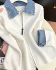 Hella | Gebreid Vest met Denim Kraag & Rits
