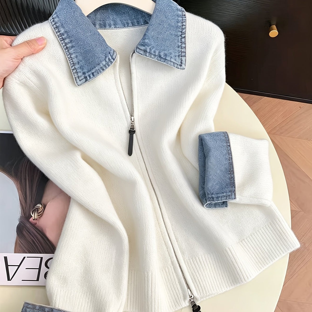 Hella | Gebreid Vest met Denim Kraag &amp; Rits