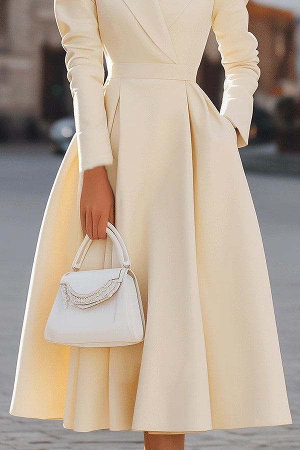 Elegante V-hals Langsleeve Aansluitende Taille Midi Jurk
