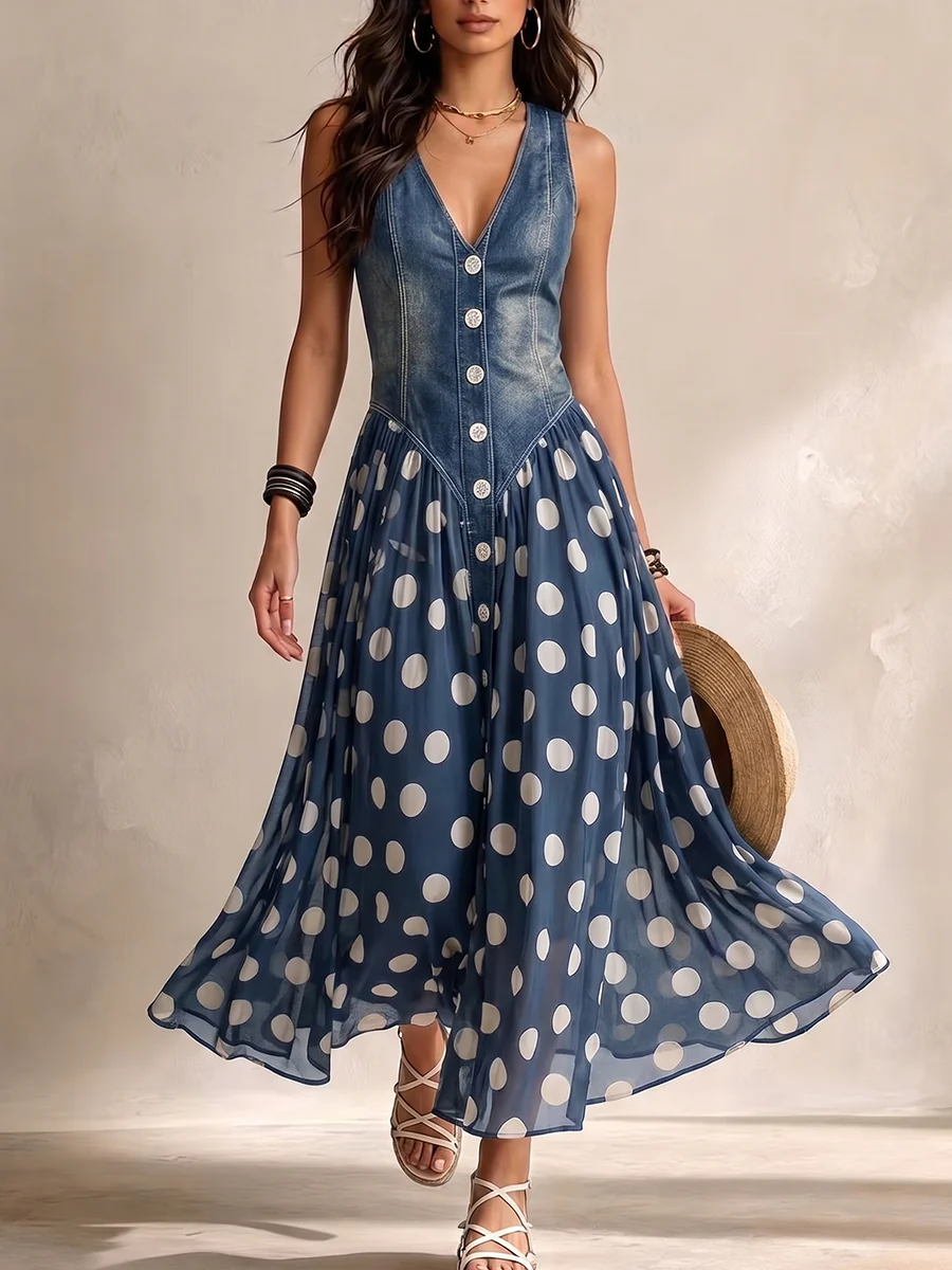Kristin - Elegante Spijkerjurk met Stippen