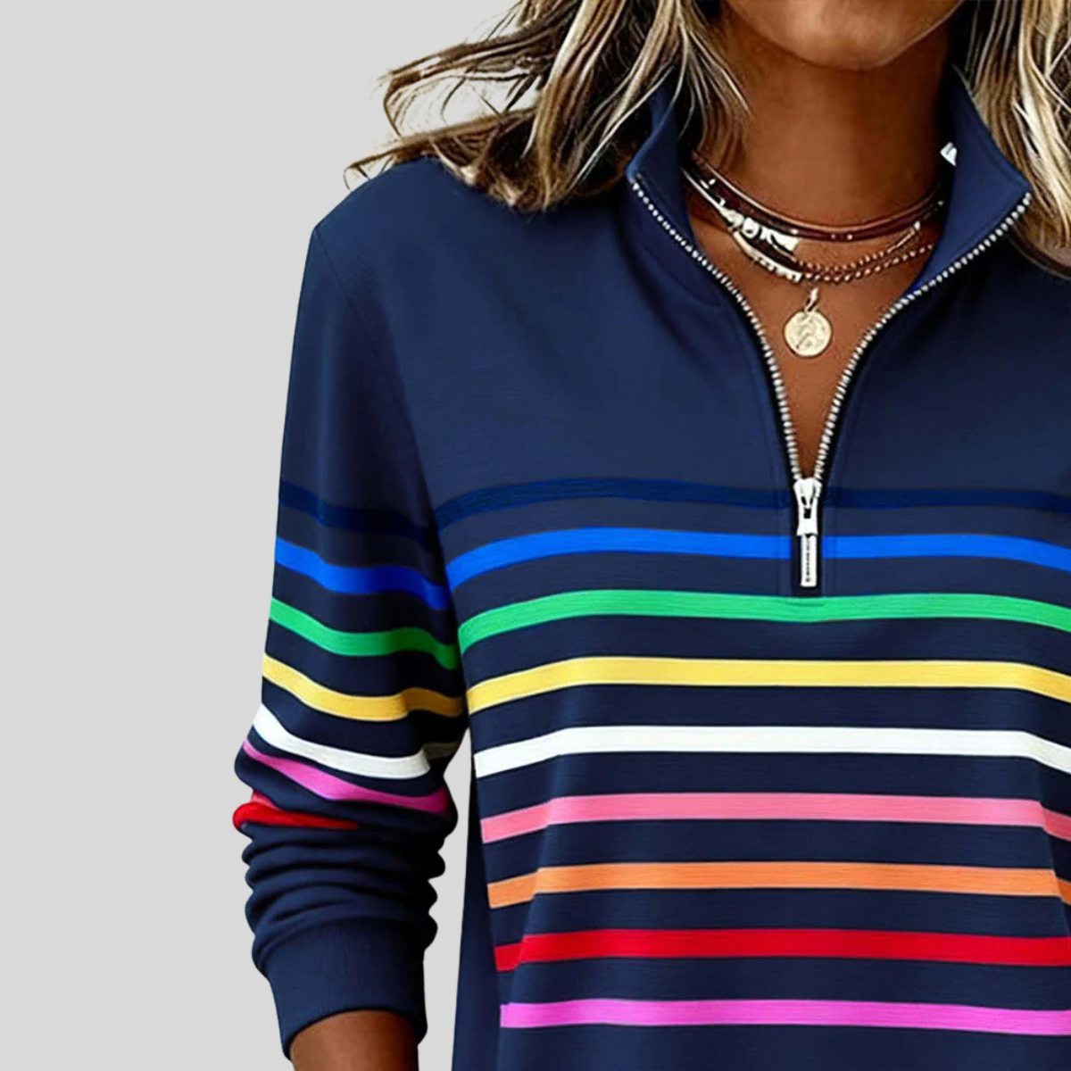 Prismette™ | Kleurrijke Gestreepte Halve Rits Sweatshirt