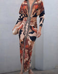Unieke Print Dolman Lange Mouwen Rimpel Split Midi Jurk