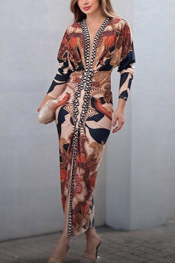 Unieke Print Dolman Lange Mouwen Rimpel Split Midi Jurk