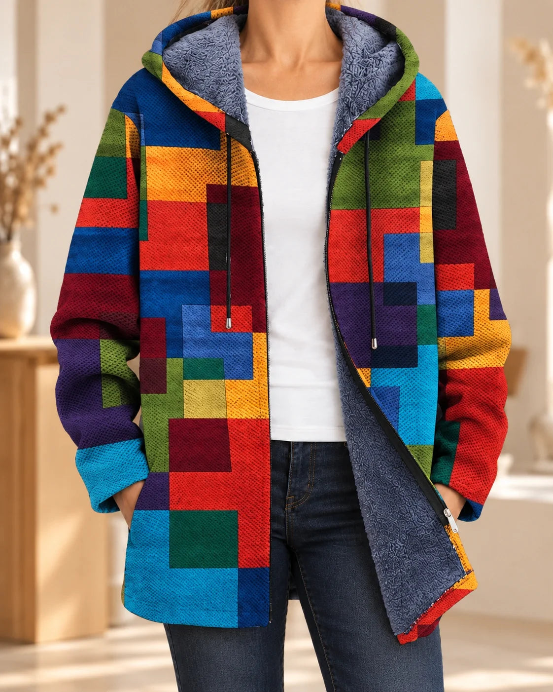 Ellemijn | Kunstzinnige geblokte cardigan met capuchon