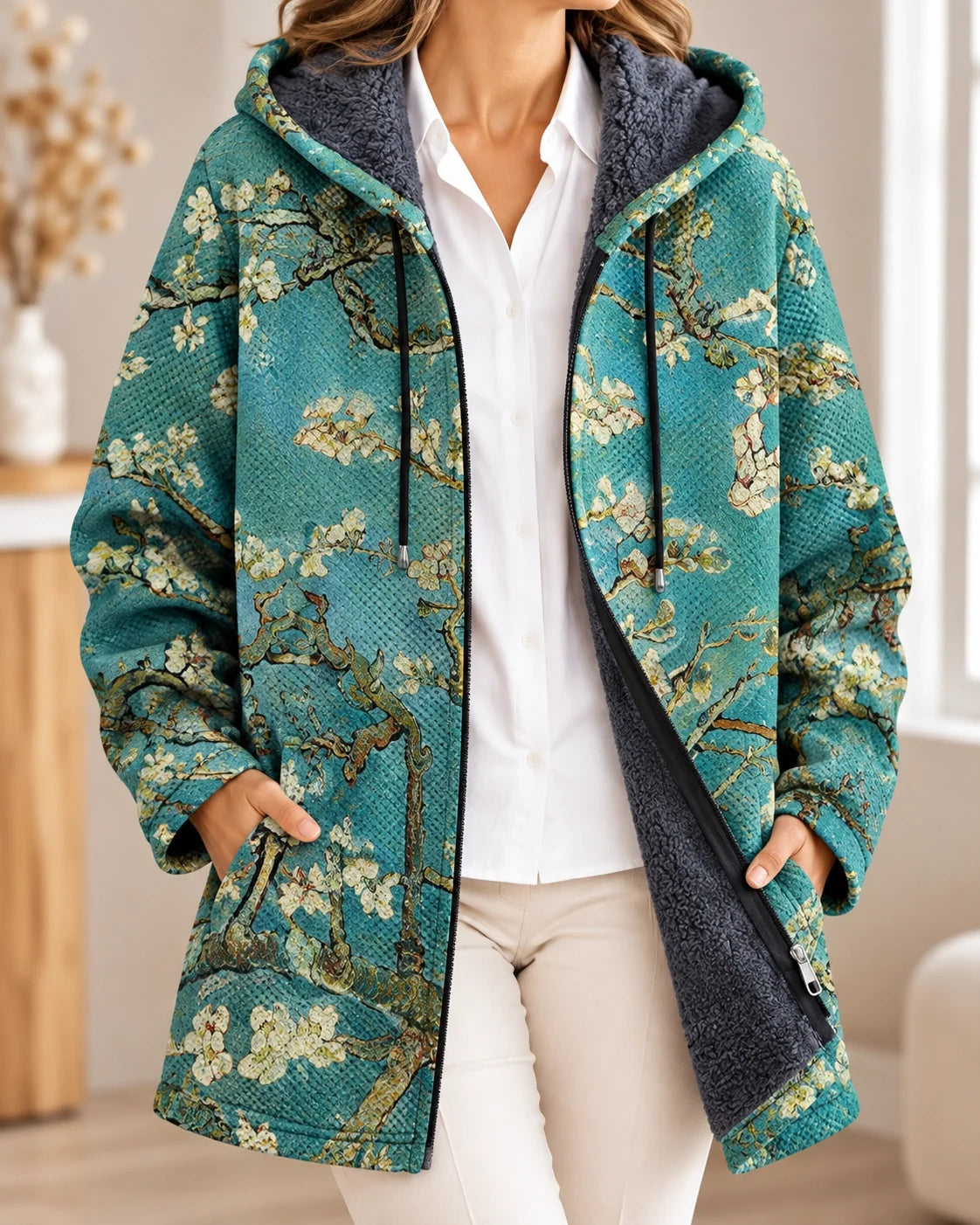 Elfriede | Turquoise gebloemde cardigan met capuchon