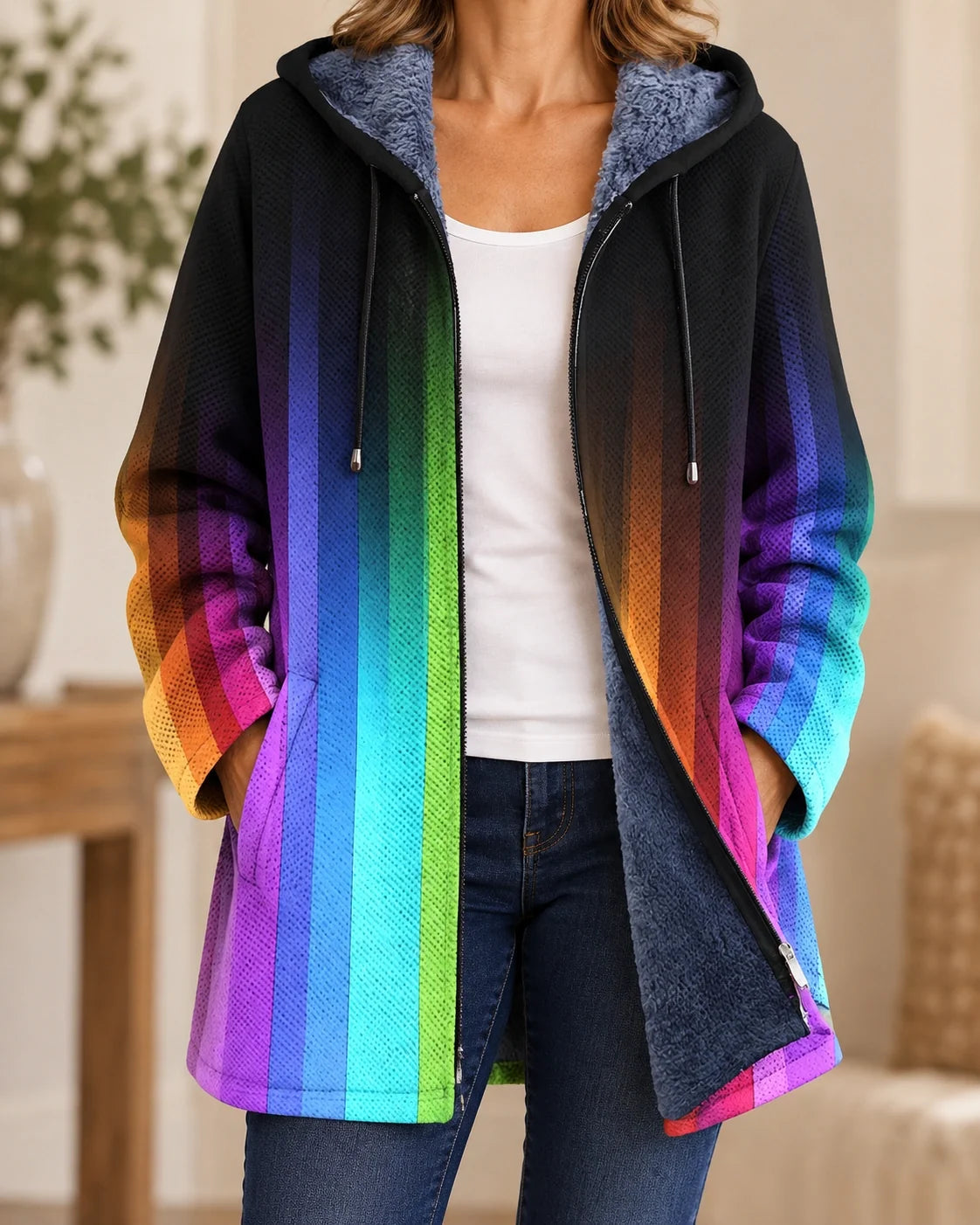Odilia | Gewatteerde capuchoncardigan met regenboogstrepen