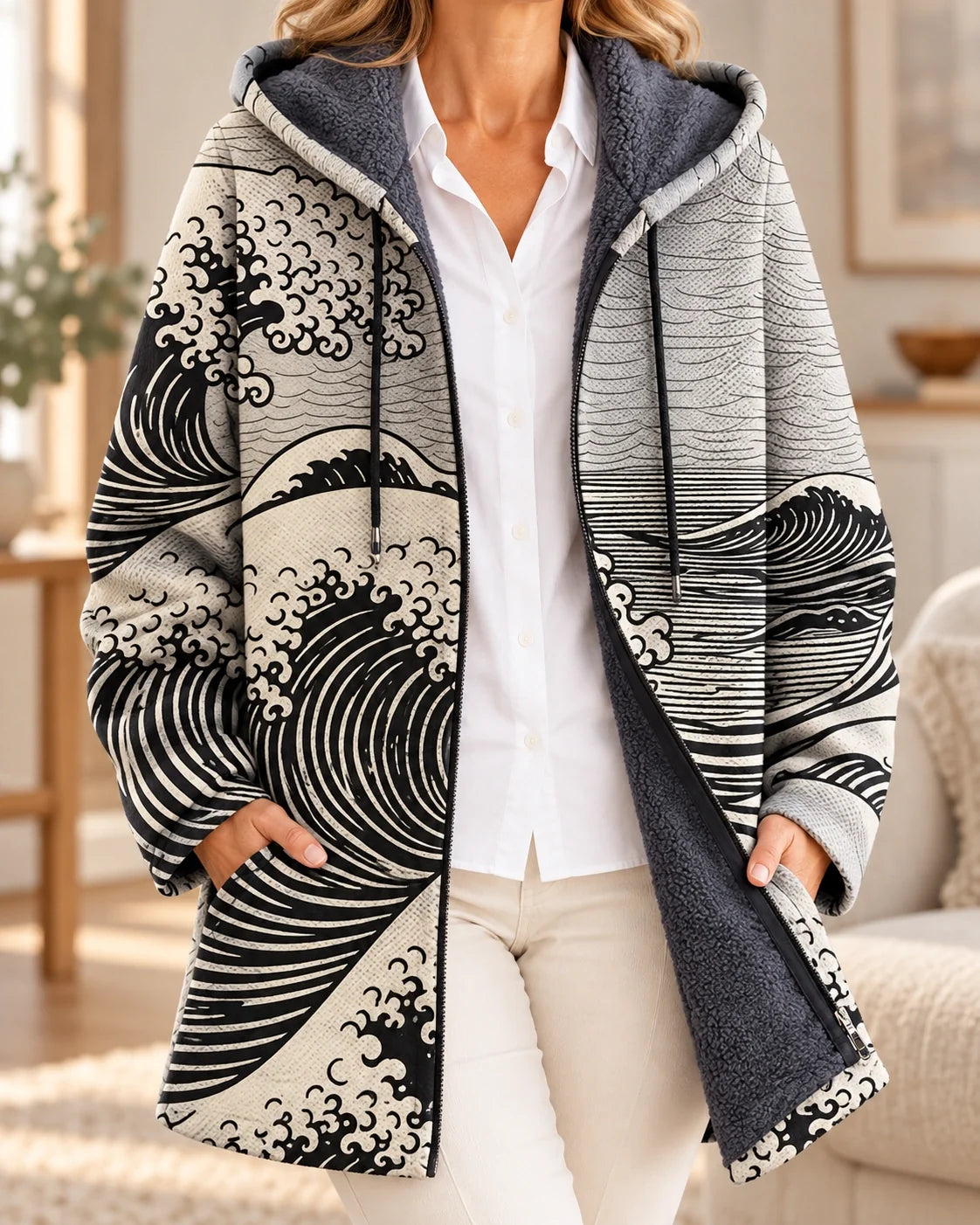 Ingegerd | Bedrukte lange cardigan met capuchon