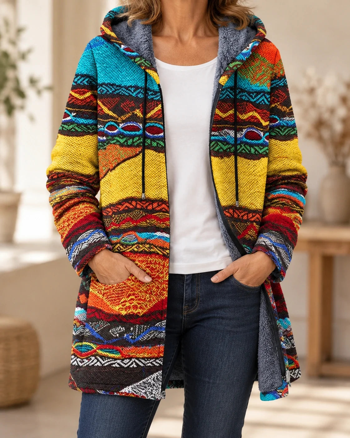 Stientje | Bedrukte warme cardigan met capuchon