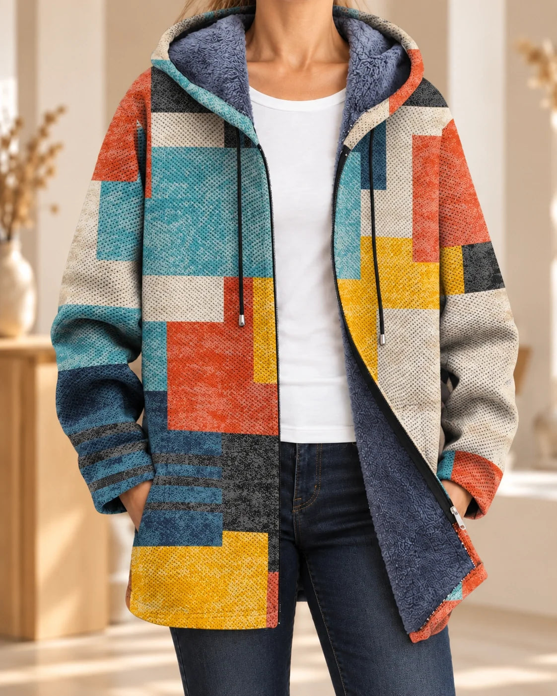Adrienne | Geometrische gevoerde cardigan met capuchon