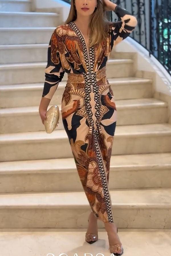 Unieke Print Dolman Lange Mouwen Rimpel Split Midi Jurk