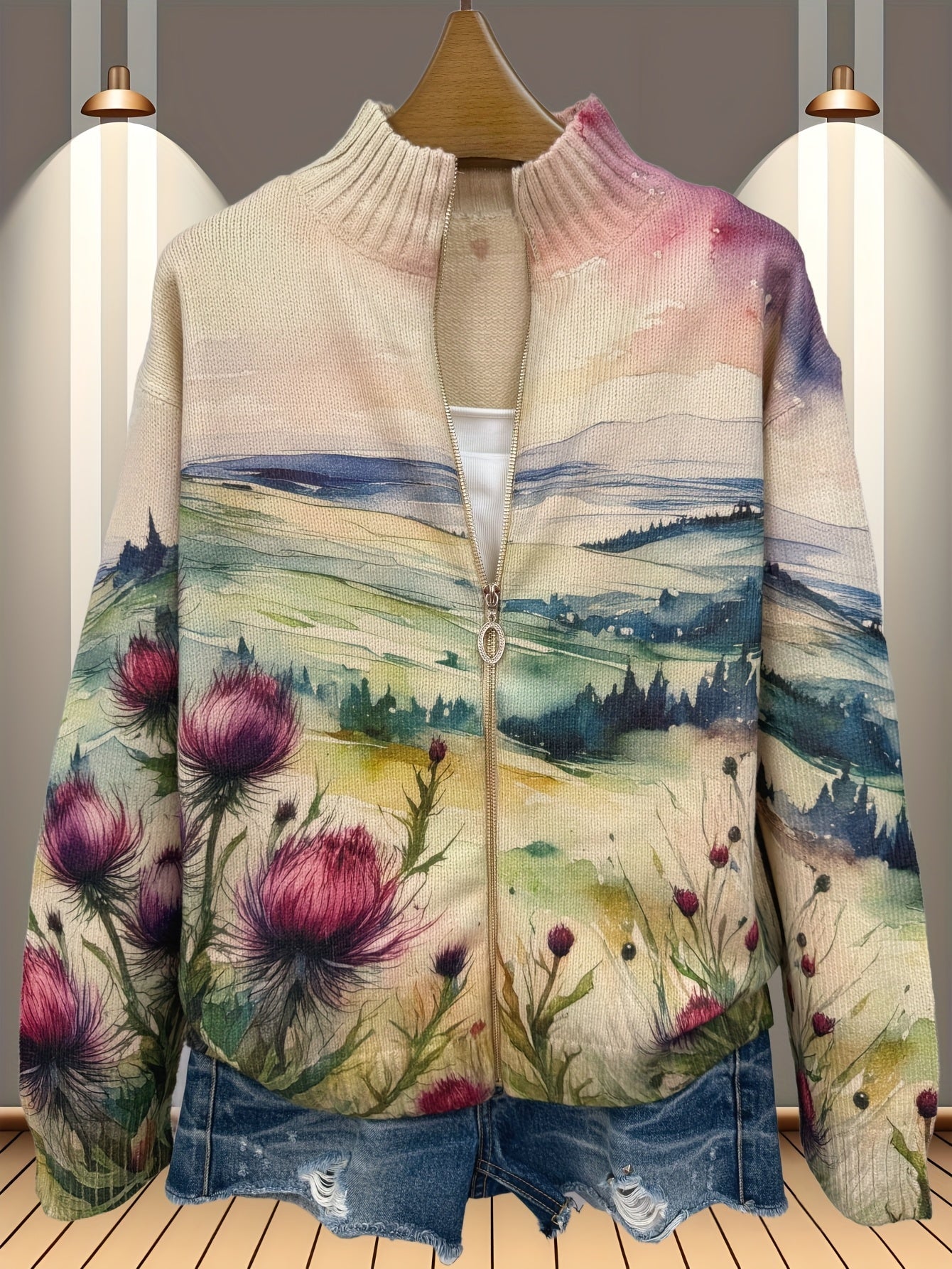 Zelda™ | Schotse Distel Landschap Zip Cardigan
