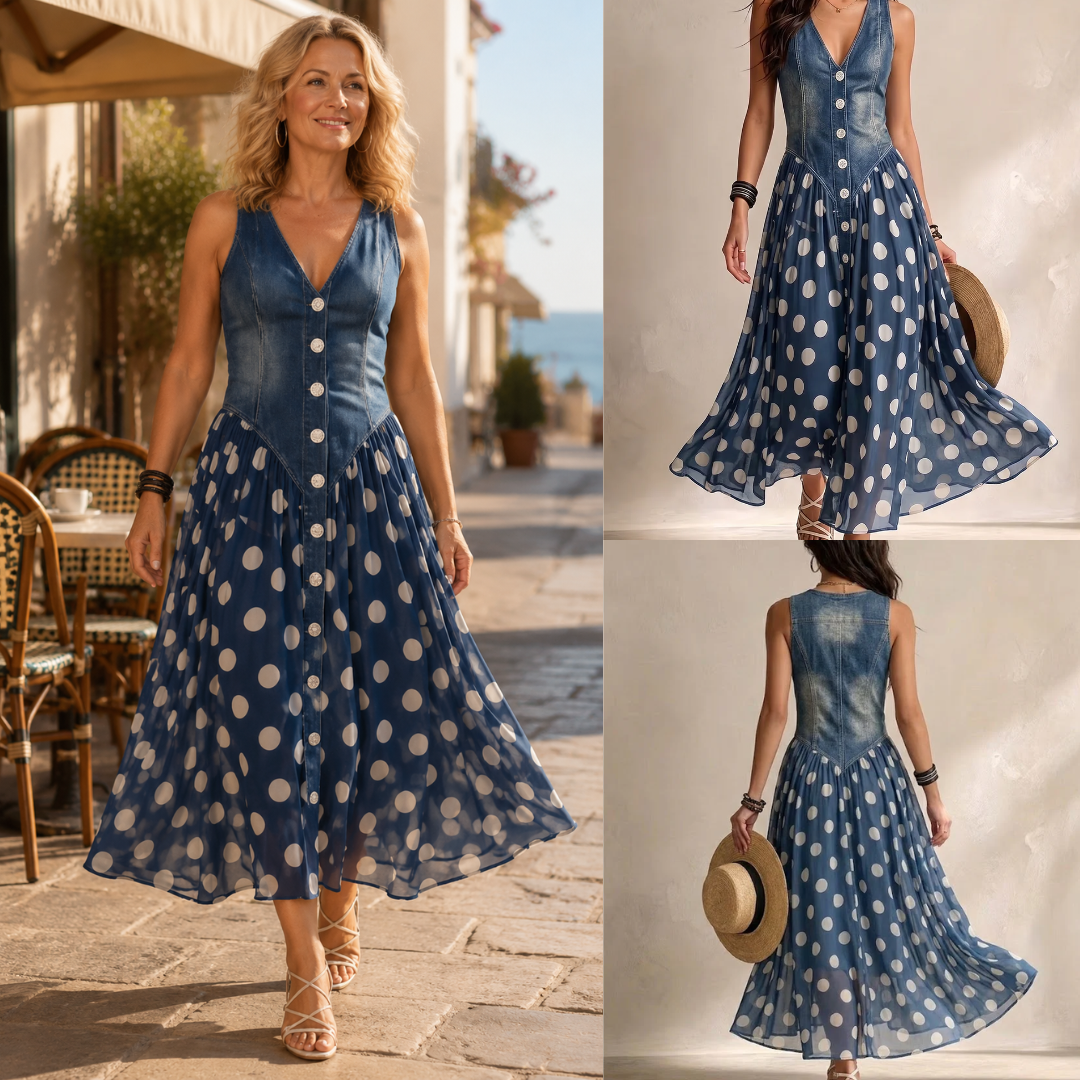 Kristin - Elegante Spijkerjurk met Stippen