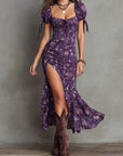 Boho Gerimpelde Bloemen Midi Jurk met Pofmouwen