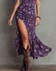Boho Gerimpelde Bloemen Midi Jurk met Pofmouwen