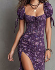 Boho Gerimpelde Bloemen Midi Jurk met Pofmouwen