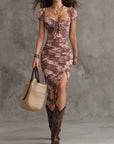 Zoete Hart Nek Puff Mouw Bodycon Midi Jurk Met Splits