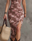 Zoete Hart Nek Puff Mouw Bodycon Midi Jurk Met Splits