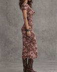 Zoete Hart Nek Puff Mouw Bodycon Midi Jurk Met Splits