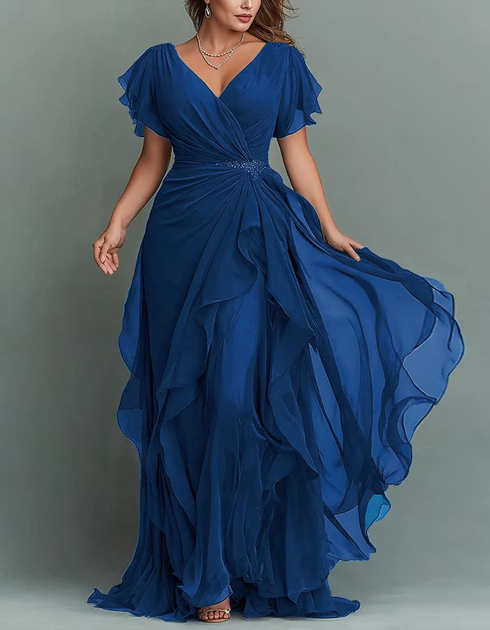 Maxi-jurk van chiffon met V-hals, effen kleur en ruches