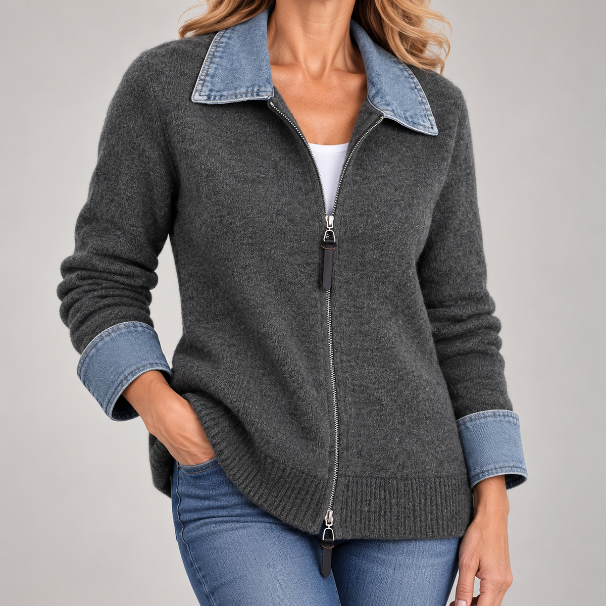 Hella | Gebreid Vest met Denim Kraag &amp; Rits