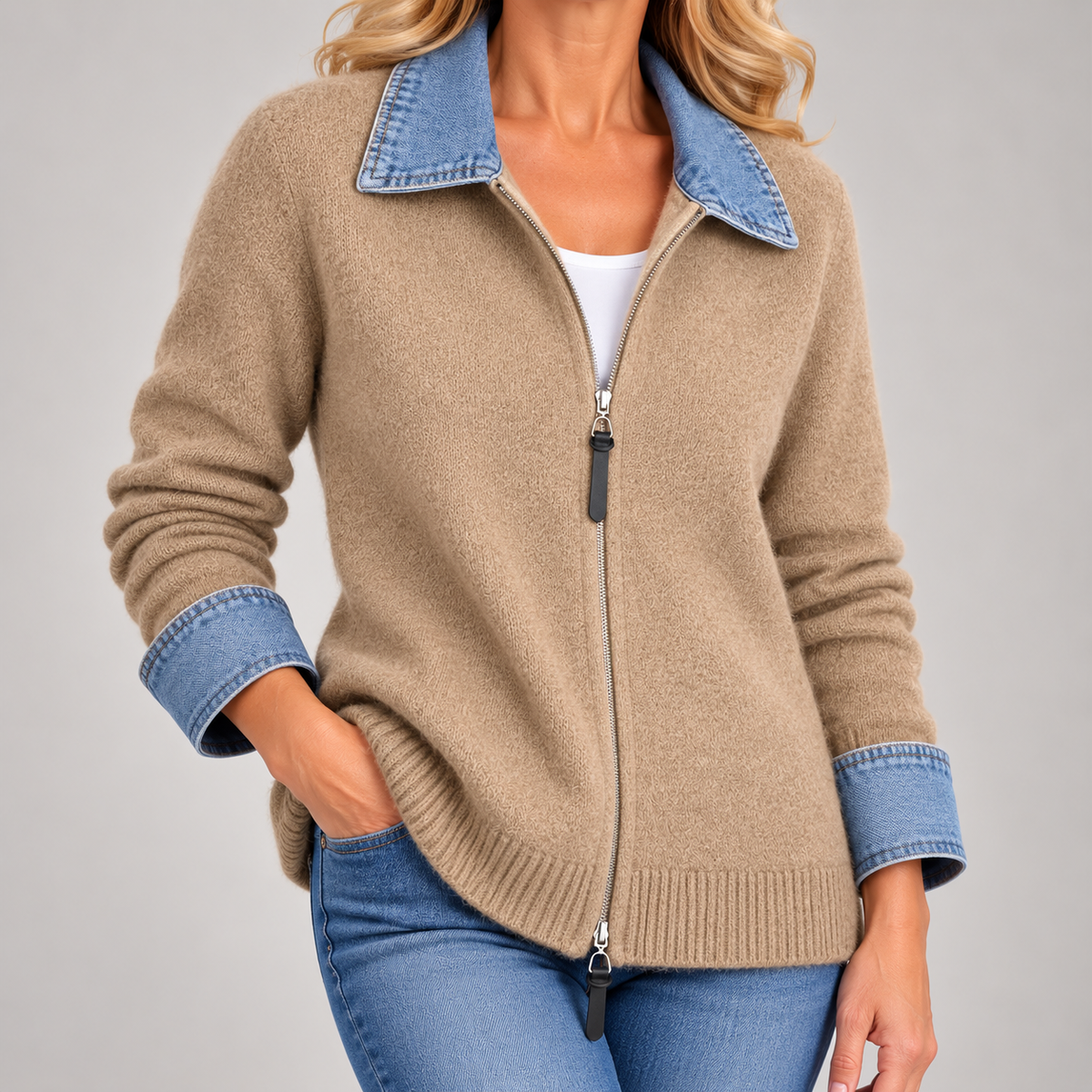 Hella | Gebreid Vest met Denim Kraag &amp; Rits