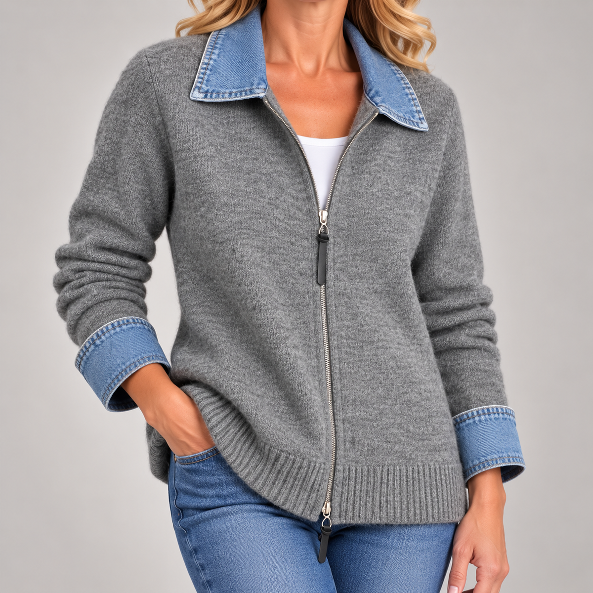 Hella | Gebreid Vest met Denim Kraag &amp; Rits
