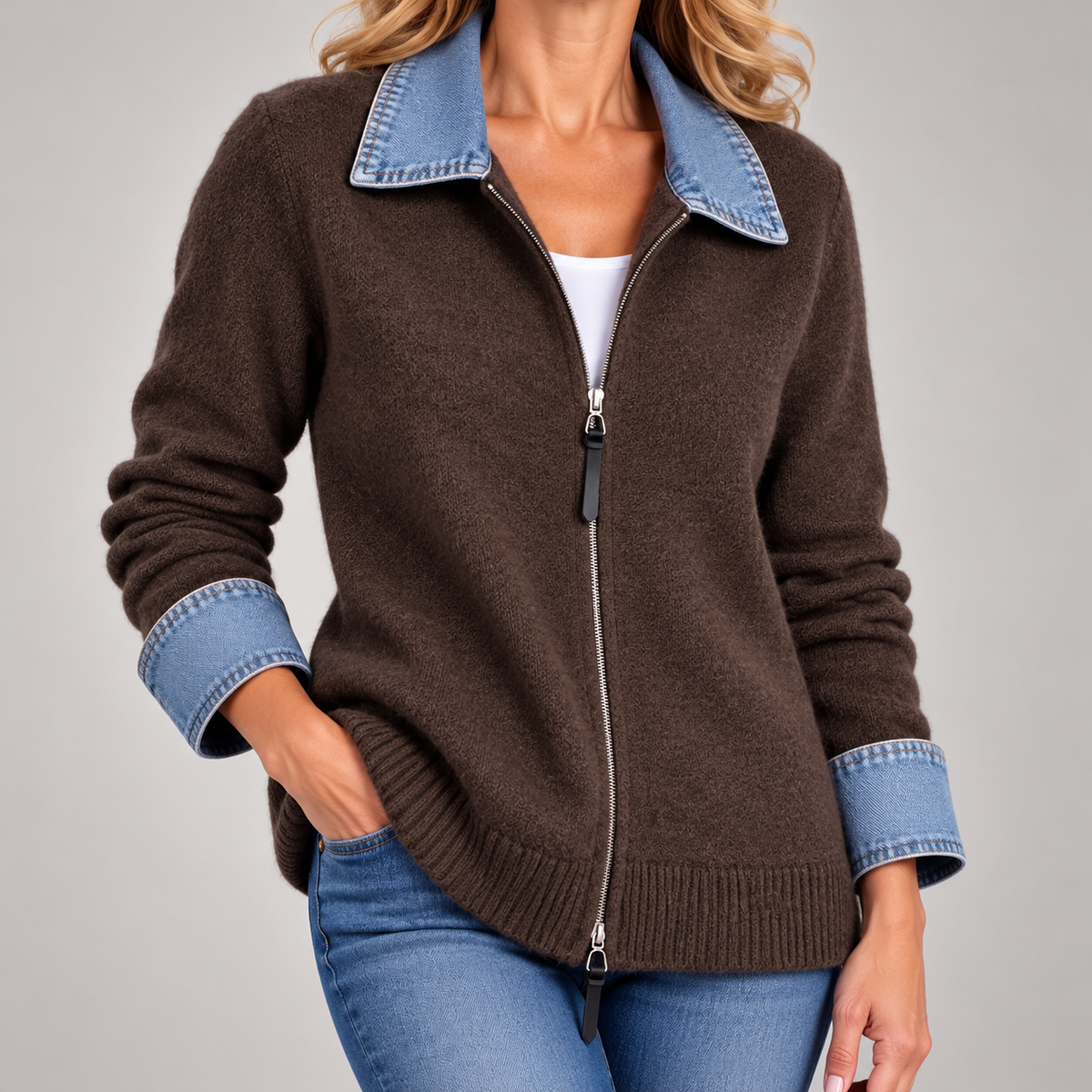 Hella | Gebreid Vest met Denim Kraag &amp; Rits
