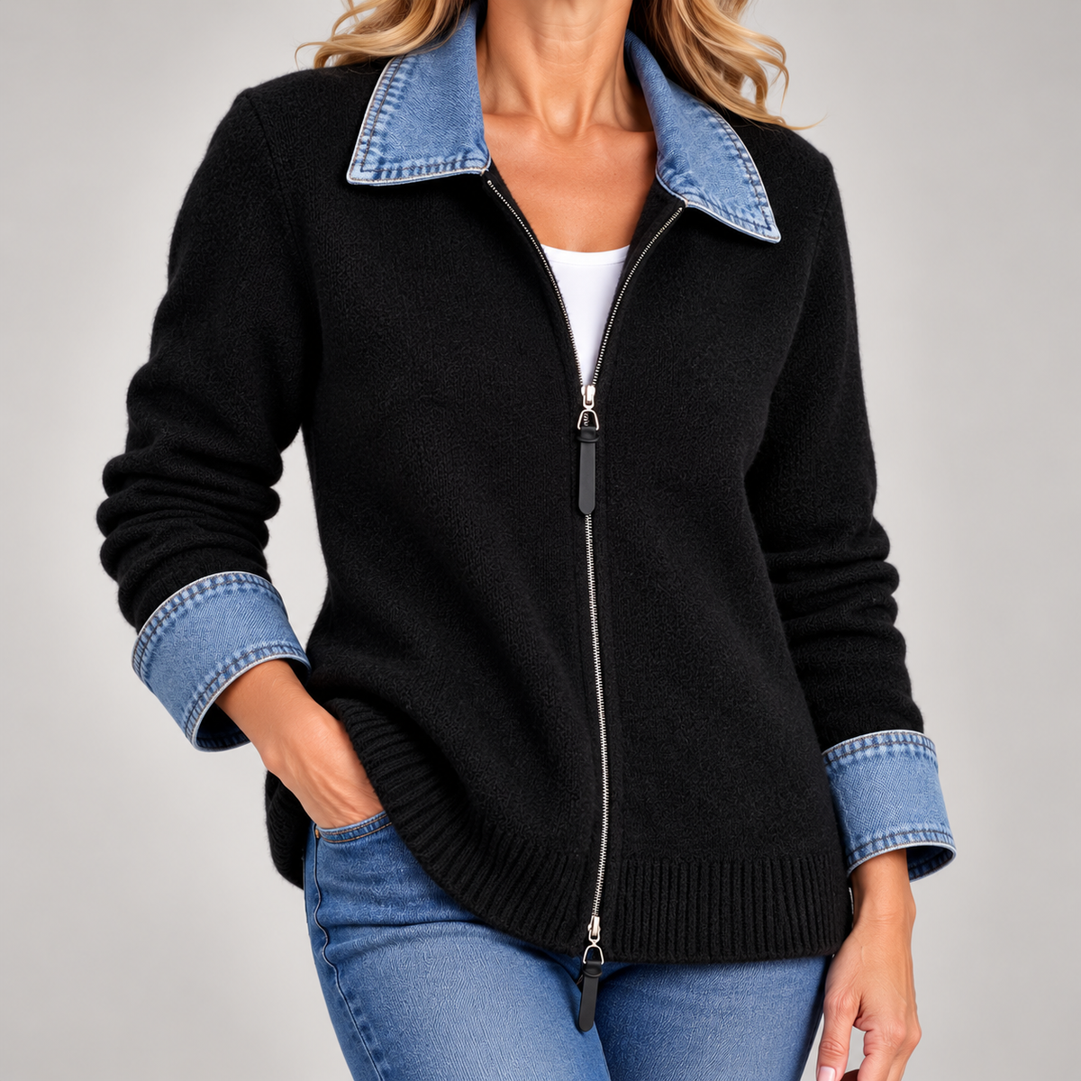 Hella | Gebreid Vest met Denim Kraag &amp; Rits