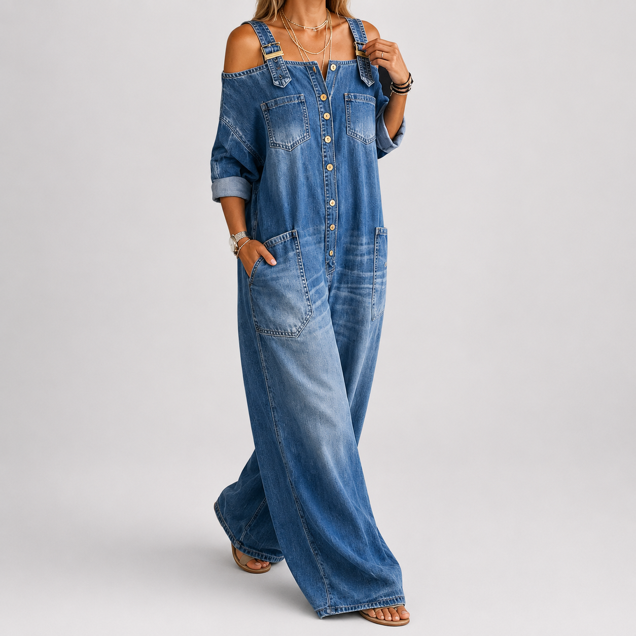 Nathalie - Jumpsuit met open schouders, wijde pijpen en zakken