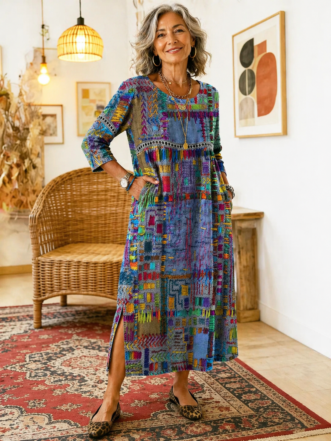 Manuela | Geprinte Jurk met Etnisch Patchwork
