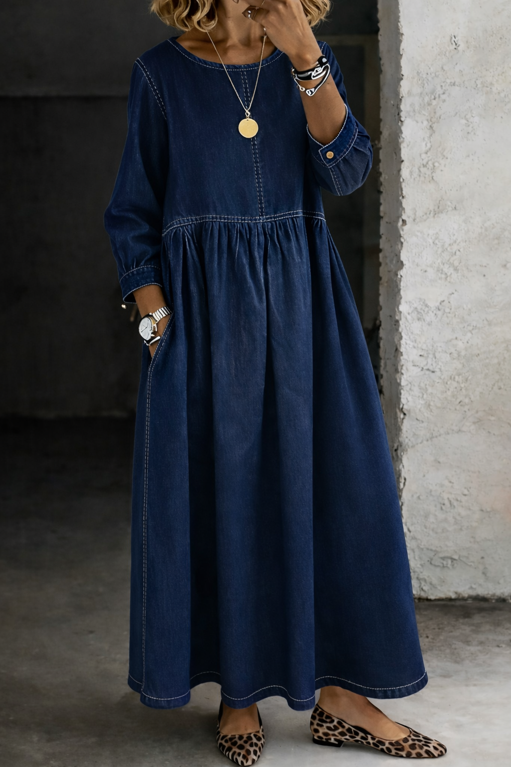 Melissa | Denim jurk met lange mouwen en ronde hals