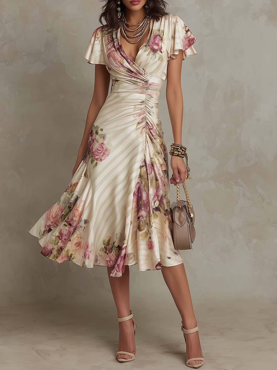 Elegante vintage bloemen satijnen midi-jurk