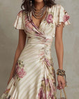Elegante vintage bloemen satijnen midi-jurk