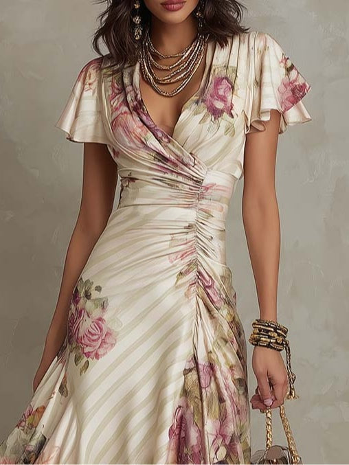 Elegante vintage bloemen satijnen midi-jurk