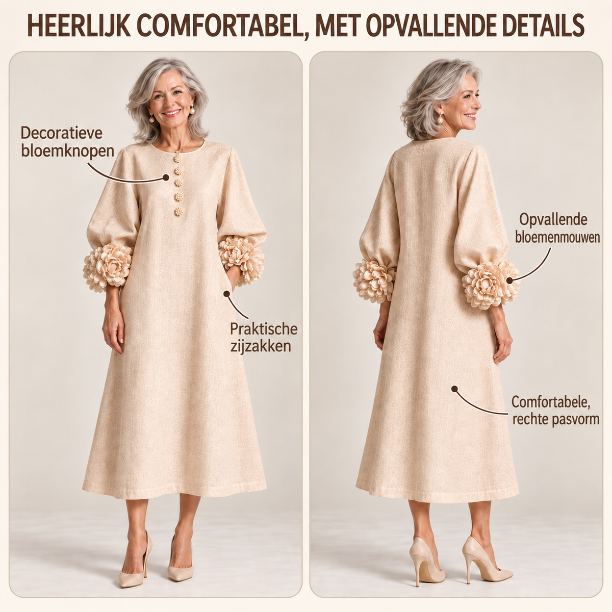 Beige Bloemen Knopen Midi Jurk Met Opvallende Bloemen Mouwen