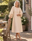 Beige Bloemen Knopen Midi Jurk Met Opvallende Bloemen Mouwen