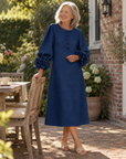 Marineblauwe Bloemen Button-down Midi-jurk Met Opvallende Bloemenmanchetten