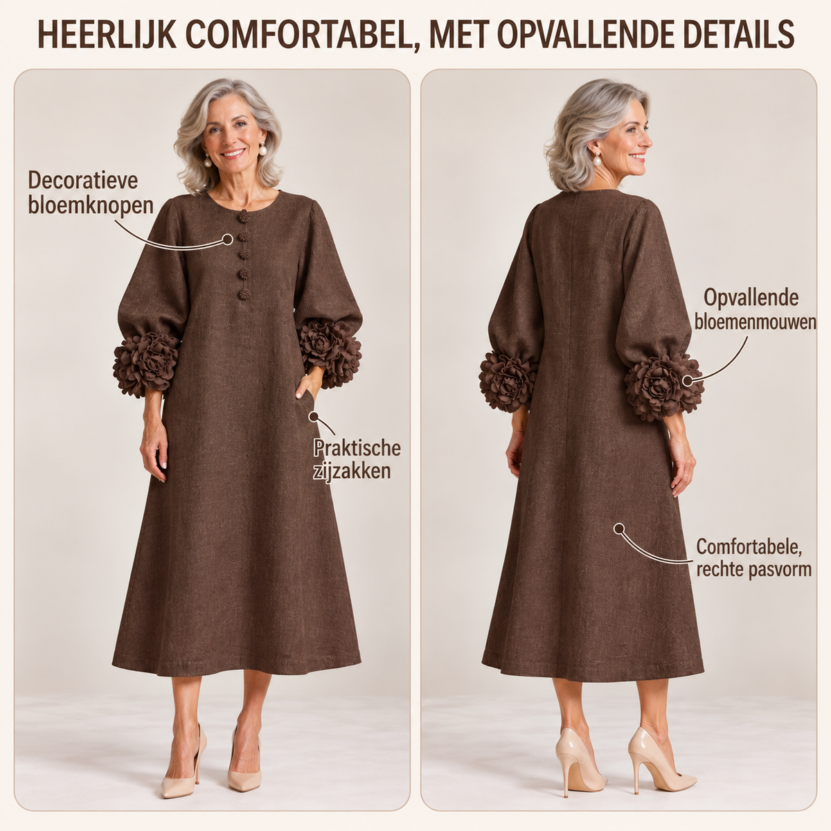 Chocoladebruine Bloemen Knopen Midi Jurk Met Opvallende Bloemen Manchetten